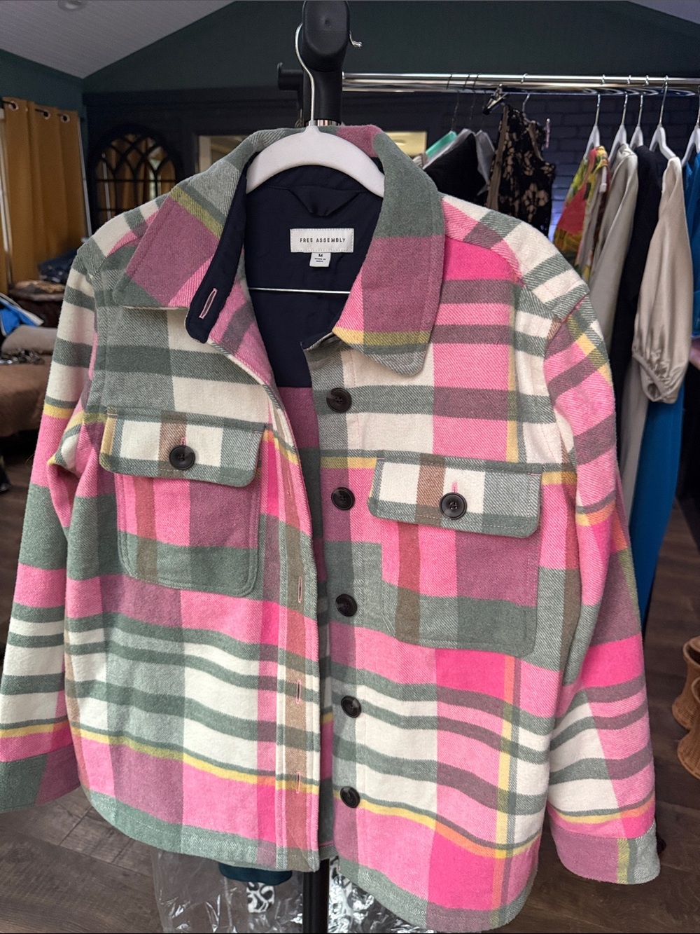 Free Assembly Pink Green & Cream Plaid Wool Utility Jacket